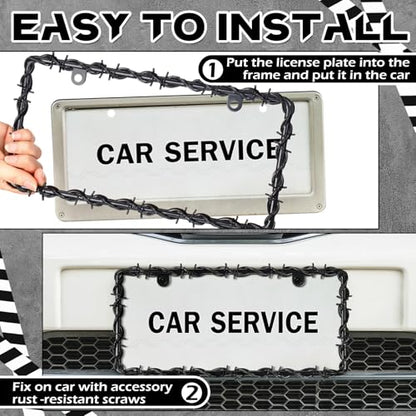 MorningRo 2 Pcs Universal License Plate Frame Plastic Barbed Wire Coconut Design Frame Compatible with Standard License Plate for USA 2 Holes with Screws for Women Men (Black) - color: Black