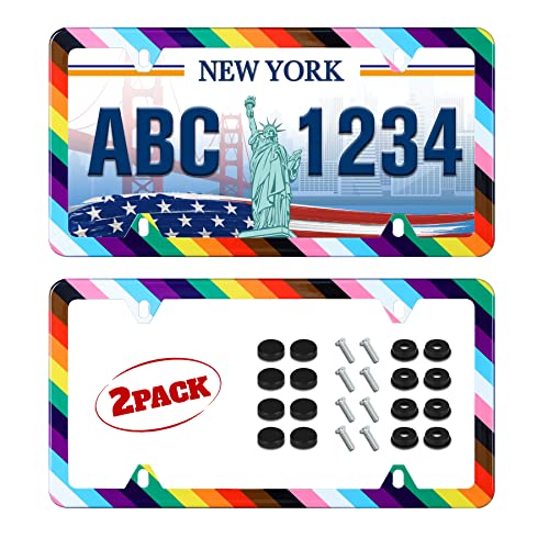 2pcs Rainbow Pride Flag License Plate Frame Gay LGBT License Plate Holder Stainless Steel Auto Parts Personalise Decoration Fits U.S. Canadian Standard 4 Hole for Men Women - color: Rainbow Pride Flag Lgbt, size: 2 Pack