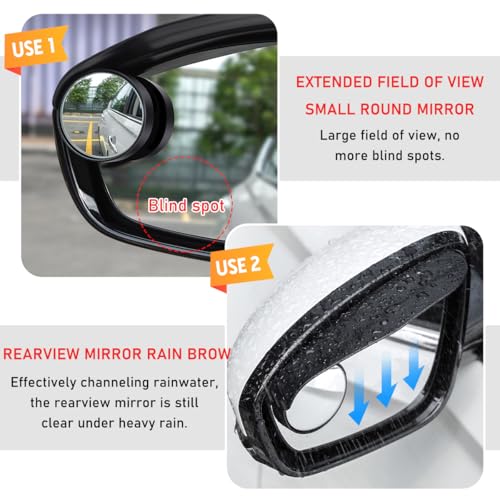 2PCS Car Blind Spot Mirror, Adjustable Wide Angle Side Mirror with Rain Visor Guard, Carbon Fiber Rear View Blind Spot Mirror Reflective Protection Shield, Car Accessories
