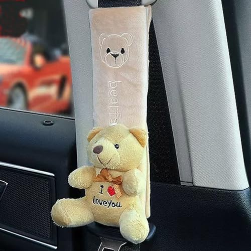 ZOSTLAND 2Pcs Car Seat Belt Pad Cover,Soft Auto Safety Strap Shoulder Pads,Plush Yellowish-Brown Cartoon Bear Doll Seatbelt Cover,Cute Harness Pad,Compatible with All Cars and Backpack(2Pcs Bear) - color: 2Pcs Bear