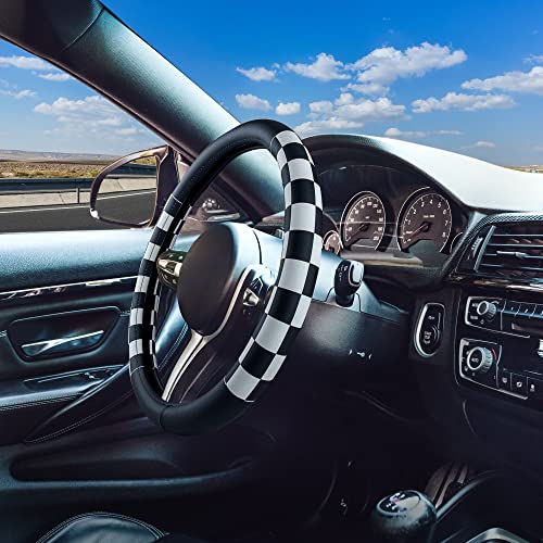 Evankin Lattice Leather Steering Wheel Cover, Black and White Checker Car Accessories, Non-Slip and Comfortable Unisex Universal Steering Wheel Cover 15 inch for Women Men (Black and White Checker) - color: leather Black and White Checkered