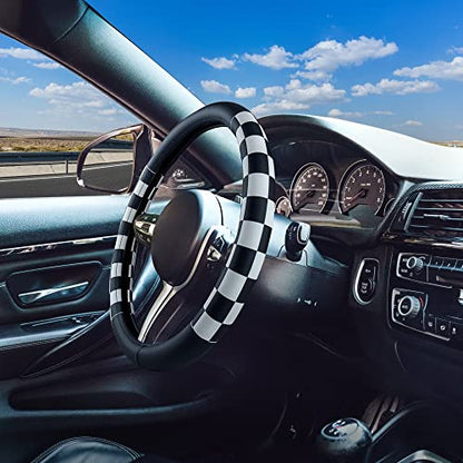 Evankin Lattice Leather Steering Wheel Cover, Black and White Checker Car Accessories, Non-Slip and Comfortable Unisex Universal Steering Wheel Cover 15 inch for Women Men (Black and White Checker) - color: leather Black and White Checkered