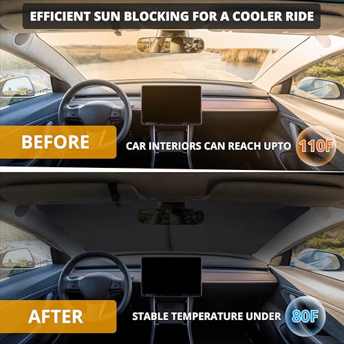 EcoNour Two-Piece Foldable Front Windshield Sun Shade for Tesla Model 3 & Y 2017–2026, 240T Reflective UV & Heat Protection, Storage Pouch Included, Custom Fit with Upgraded Design - size: Custom Size - Tesla Model-3 & Model-y