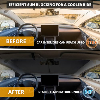EcoNour Two-Piece Foldable Front Windshield Sun Shade for Tesla Model 3 & Y 2017–2026, 240T Reflective UV & Heat Protection, Storage Pouch Included, Custom Fit with Upgraded Design - size: Custom Size - Tesla Model-3 & Model-y
