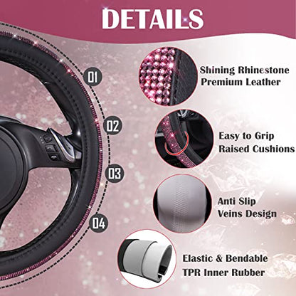 CAR PASS Bling Diamond Leather Steering Wheel Cover, Bling Sparkly Crystal Glitter Rhinestones Universal Fit 14" 1/2-15" Car Wheel Protect for Women Girl Fit Suvs,Vans,Sedans,Cars,Trucks, Pink Black - color: Pink Diamond on Velvet