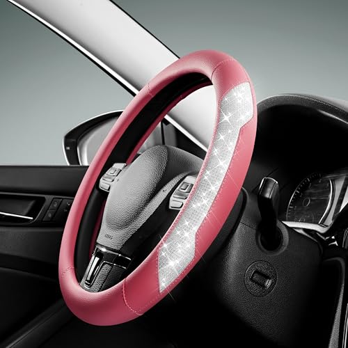 PIC AUTO Steering Wheel Cover, Sparkly Crystal Bling Glitter with Hot Pink Leather, Universal Fit 14.5"-15.5" Car Steering Wheels for Girls & Women, Breathable Anti-Slip Steering Wheels Cover - color: Hot Pink