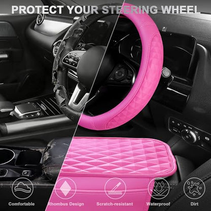 CAR PASS 3D Rhombus Pink Leather Steering Wheel Cover Car Accessories Set, Center Console Armrest Cushion with Storage Bags 2 Non-Slip Cup Coasters, 14.5-15in Cute Car Interior Sets, 4 PCS Hot Pink - color: Hot Pink