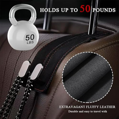 2 PCS Car Seat Headrest Hook, Back Seat Hanger with Double Flexible Leather Hooks, Soft Leather Double Headrest Metal Hooks Purse Handbag Organizer, Car Accessories (Black) - color: Black