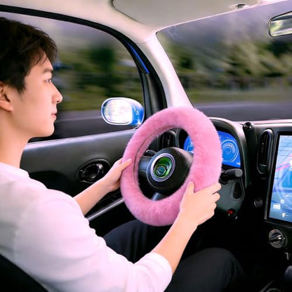 1 Set 6 Pcs Fluffy Car Steering Wheel Cover & Seat Belt Shoulder Pads & Handbrake Cover & Gear Shift Cover Set & Seat Belt Shoulder Pads Faux Wool Universal Fit Car Interior Accessories (Pink) - color: Pink