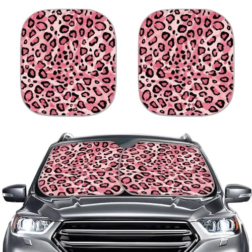 Pink Leopard Print Windshield Sunshade for Car 2 PCS Foldable Windshield Cover Sun Shade Sun Protection and Keep Cool Sun Visor Cute Automotive Accessories for Most SUV Truck Sedan - color: Pink Leopard Print