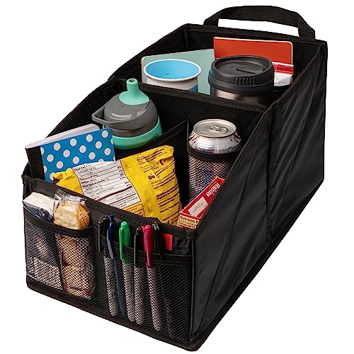 Lusso Gear Car Seat Organizer - Built-In Car Cup Holders & Mesh Pockets - Foldable Back Seat Organizer with Handles - Kids Road Trip Essentials - 9 Compartments, Black Oxford - color: Black