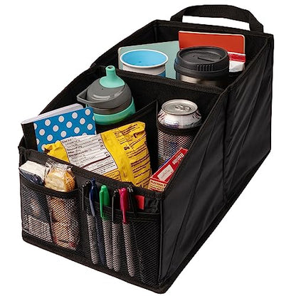 Lusso Gear Car Seat Organizer - Built-In Car Cup Holders & Mesh Pockets - Foldable Back Seat Organizer with Handles - Kids Road Trip Essentials - 9 Compartments, Black Oxford - color: Black