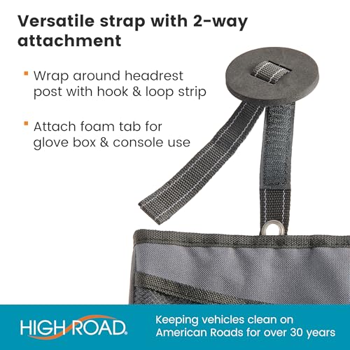 High Road TrimTrash Hanging Car Garbage Bag - Slim and Leakproof Car Trash Bag with Magnetic Closure and Storage Pocket - Attaches to Seat, Glovebox or Console - color: Gray