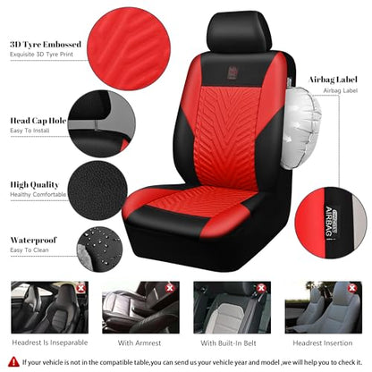 CAR PASS Faux Leather Car Seat Covers Full Set, 3D Tyre Embossed, Universal Fit for Most 5 Seats Car, Truck, SUV, Automotive, Airbag Compatible, Scrachproof Deluxe (Red and Black) - color: Black Red