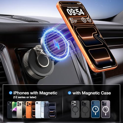 Vooii for Magsafe Car Mount Charger (15W Wireless Faster Charging) (130+LB Strongest Suction & 3000gf Magnetic) (360° Adjustable) Vacuum Car Phone Holder, Phone Holders for Your Car for iPhone 17-12 - color: Titanium Black