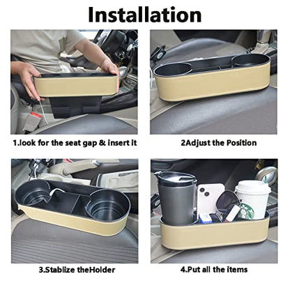Car Cup Holder Expander Organizer,Multifunctional Cup Drink Holders with PU Leather Cover,Side Insert Center Console Seat Gap Filler Storage Box for Mug Bottle CellPhones Keys Coffee Coasters Cards - color: Thin Beige