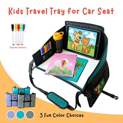 Kids Travel Tray for Car Seat – Teal – The Essential Travel Lap Desk with Removable Tablet Holder, Built-In Storage, and Stabilized Panels, Must Have Car Tray for Kids on Road Trips - color: Teal