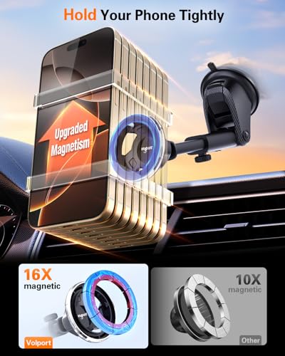 volport for Magsafe Car Mount [Dashboard & Windshield]: Universal Dash Magnetic Phone Holder [360° Rotatable Suction Cup], Strong Window Magnet Mobile Stand for iPhone Samsung Mag Safe Cell Phone Case - style: Dash Mount