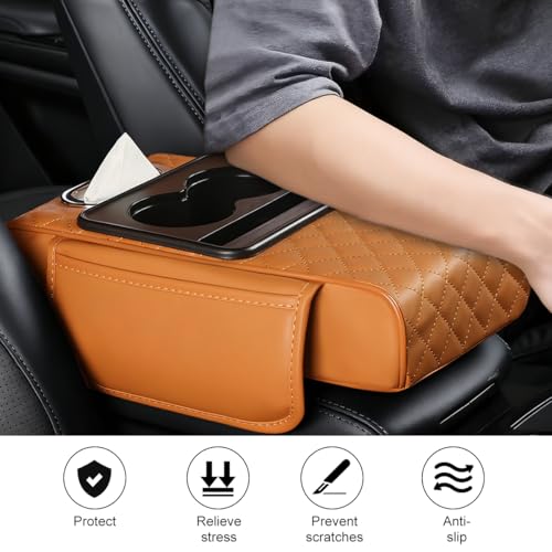 Car Armrest Cushion, 5-in-1 Nappa Leather Vehicle Centre Console Cover with 2 Storage Pockets, Cup Phone & Phone Holder, Multifunctional Auto Organiser Accessories, Universal Fit (Yellow) - color: Yellow