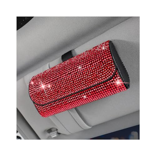 Osilly Bling Car Sunglass Holder for Sun Visor, Sparkling Crystal Leather Automotive Eyeglasses Mount Clip Organizer with Hidden Magnetic Closure for Men Women, Universal for SUV Truck Van（Red） - color: Red