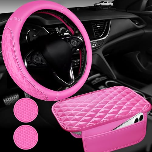 CAR PASS 3D Rhombus Pink Leather Steering Wheel Cover Car Accessories Set, Center Console Armrest Cushion with Storage Bags 2 Non-Slip Cup Coasters, 14.5-15in Cute Car Interior Sets, 4 PCS Hot Pink - color: Hot Pink