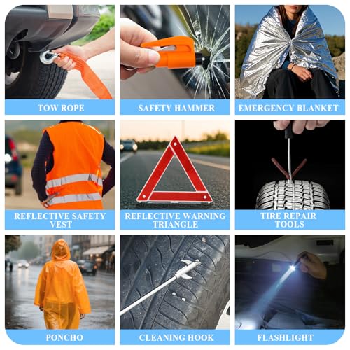 Car Emergency Roadside Assistance Kit with Jumper Cables Tire Inflator Automotive Kit for Car Vehicle（Orange）