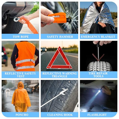 Car Emergency Roadside Assistance Kit with Jumper Cables Tire Inflator Automotive Kit for Car Vehicle（Orange）