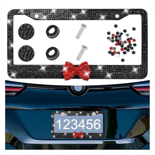 Bling Bow Car License Plate Frame, Sparkly Rhinestone Automotive License Plate Holder with Screws, Stainless Steel Vehicle Tag Decoration Cover Accessories for Women Men(BlackRed) - color: BlackRed