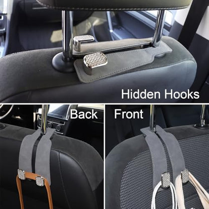 Purse and Bag Hook for Car, Zinc Alloy Seat Headrest Hooks, Upgraded Leather Cute Car Seat Back Purses Hanger and Bags Holder (Grey Diamond, 2Pack) - color: Grey Diamond