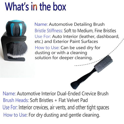 Car Interior Brush and Vent Cleaner Set - Premium Soft Fur Leather Brush & Dual-Ended Detailing Brush for Car Detailing, Vents, Crevices - 2.75inch Ball Head & 8.6inch Gap Brush