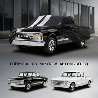 Chevy C10 Truck Cover Custom Fit 1973-1987 Crew Cab Long Bed(8') with Door Zipper, 10 Layers Outdoor Heavy Pickup Truck Cover Waterproof All Weather, Wind Dust Sun Protector. - size: C10 1973-1987 Crew Cab Long Bed(8')+Towel+Bag