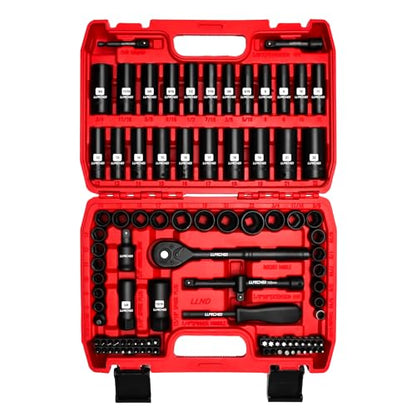 LLNDEI 3/8”Drive Impact Socket Set,Standard SAE(5/16 to 3/4-Inch) Metric Size(8-22mm), 95 Piece, CR-V Steel Deep&Shallow Kit, Adapters, Ratchet Handle, Screwdriver Bit Set, Spark Plug Socket, 6 Point - size: 95-Piece 3/8" Drive Impact Socket Set