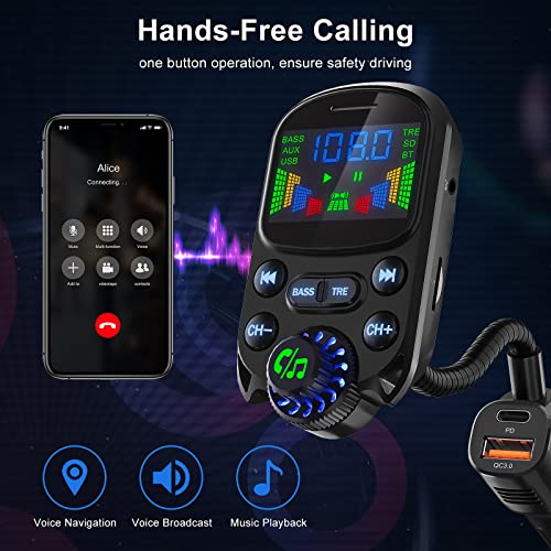 Bluetooth 5.3 FM Transmitter for Car SOARUN Bluetooth Car Adapter PD30W & USB Port Fast Charge, HiFi Treble & Bass Player, 1.6" Display Hands-Free Calling Truck Radio with AUX Input/Output, TF Card