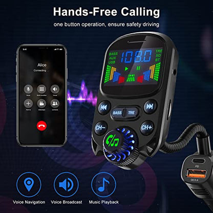 Bluetooth 5.3 FM Transmitter for Car SOARUN Bluetooth Car Adapter PD30W & USB Port Fast Charge, HiFi Treble & Bass Player, 1.6" Display Hands-Free Calling Truck Radio with AUX Input/Output, TF Card