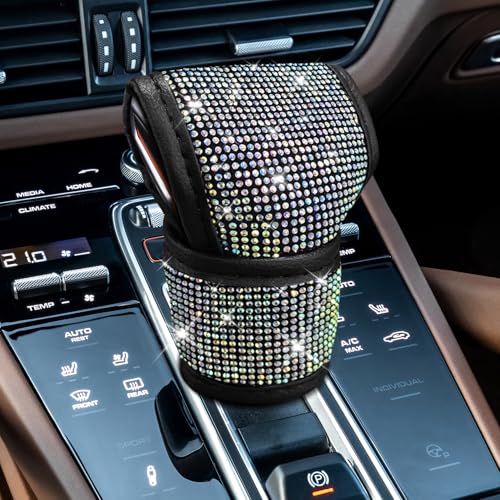 Crystal Auto Gear Shift Cover Bling Car Accessories, Shift Knob Cover, Leather Car Gear Stick Protector with Rhinestones, Auto Diamond Shifter Lever Protector for Most Vehicles (Colorful) - color: Colorful