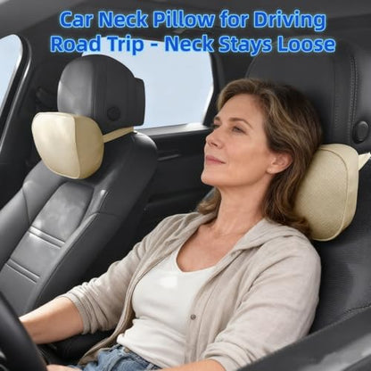 Car Neck Pillow for Headrest, 2 Pack PU Leather Car Headrest Pillow for Neck Support, Super Soft Ergonomic Du-Pont Bio Cotton Travel Pillow with Adjustable Strap (Beige, Shaped Style) - color: Beige1