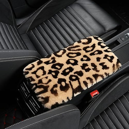 Genuine Sheepskin Center Console Cover Pad Genuine Furry Fluffy Wool Fur Car Armrest Cover Protector Universal Fit for SUV/Truck/Car - color: Shearling-Beige Leapord