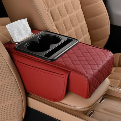 Multifunctional PU Leather Car Armrest Box Mat, 5-in-1 Center Console Cushion Cover with Storage Box, Cup & Phone Slot & Tissue Holder, Universal Waterproof Interior Organizer (Red) - color: Red
