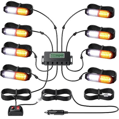 EYPINS LED Surface Mount Strobe Lights Kit,White Amber Flashing Car Truck Strobe Light,8pcs Surface Mount Emergency Warning Flashing Strobe Lights,30 Strobe Mode,Memory Function,12V,24V,Waterproof