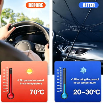 Windshield Sun Shade Umbrella, Foldable Car Sunshade, Ice Crystal Cooling Coating Car Sunshade & Heat Shield, UPF 50+ UV Protection, Spring-Enhanced Frame for Most Sedans SUVs (55"x31")