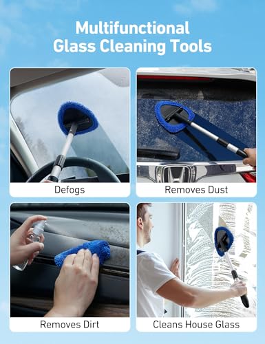 AstroAI Car Windshield Cleaner Tool, Window Cleaning Kit with 39in Car Mirror Squeegee, 4 Reusable Microfiber Pads and Extendable Handle, Blue - style: with a Mirror Squeegee