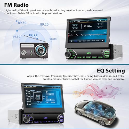 Inefala Single Din Touchscreen Radio 7'' Flip Out Screen Car Stereo with Bluetooth USB Type C Fast Charge Car Audio Receiver Backup Camera SWC FM MIC TF AUX in EQ - style: 7'' No CarPlay Retractable