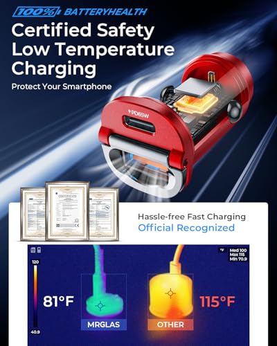 【Upgraded】 125W USB C Car Charger Super Fast Charging for iPhone 16, [PD65W & QC60W][All Metal] MRGLAS Cigarette Lighter Car Charger,Dual Port for iPhone 16 15 Pro iPad Samsung S25 S24 MacBook-Red - color: Red