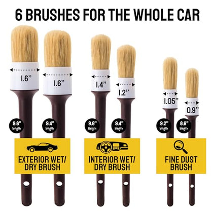 Car Detailing Brush Set 9-Pack - Boars Hair Brushes with Tire and Wheel Brush Plus Tire Dressing Applicator - Soft Bristle Car Detailing Kit for Interior, Exterior and Wheels - Detail Dudes - size: 9 Pack (Full Kit)