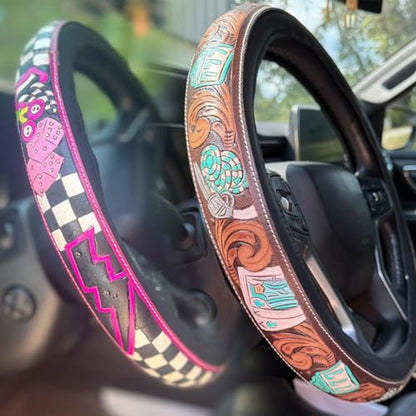 Western Cowboy Steering Wheel Cover Leather, Retro Car Tooled Leather Steering Wheel Cover, Embossed Hand-Painted Universal Anti-Slip - color: M Color