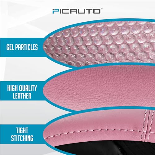 PIC AUTO Steering Wheel Cover, Glitter Gel Particles & Pink Luxury Leather Car Steering Cover, Universal Fit 14.5"-15.5" Anti-Slip Car Wheels Cover for Girls & Women - color: Pink