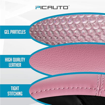 PIC AUTO Steering Wheel Cover, Glitter Gel Particles & Pink Luxury Leather Car Steering Cover, Universal Fit 14.5"-15.5" Anti-Slip Car Wheels Cover for Girls & Women - color: Pink