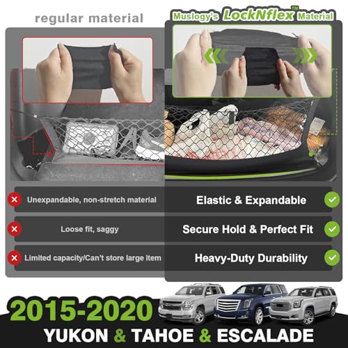 Muslogy Truck Bed Cargo Net Trunk Netting Compatible with 2015-2020 Chevy Tahoe | GMC Yukon | Cadillac Escalade Accessories, Pickup Cargo Organizer SUV Sedan Storage Net w/Heavy Duty Carabiners - style: 2015-2020 Yukon & Tahoe & Escalade