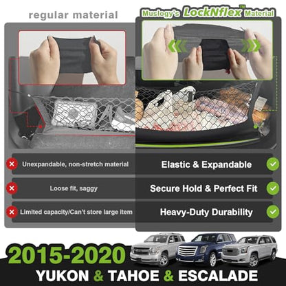 Muslogy Truck Bed Cargo Net Trunk Netting Compatible with 2015-2020 Chevy Tahoe | GMC Yukon | Cadillac Escalade Accessories, Pickup Cargo Organizer SUV Sedan Storage Net w/Heavy Duty Carabiners - style: 2015-2020 Yukon & Tahoe & Escalade