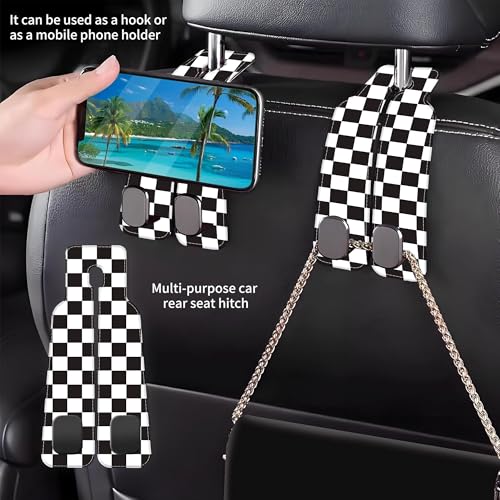 Car Headrest Purse Hanger Black and White Checkered 1 Pack Bag Purse Holder for Car Premium Leather Double Metal Hook for Handbags, Grocery Bags and Phones - color: Black and white checkered
